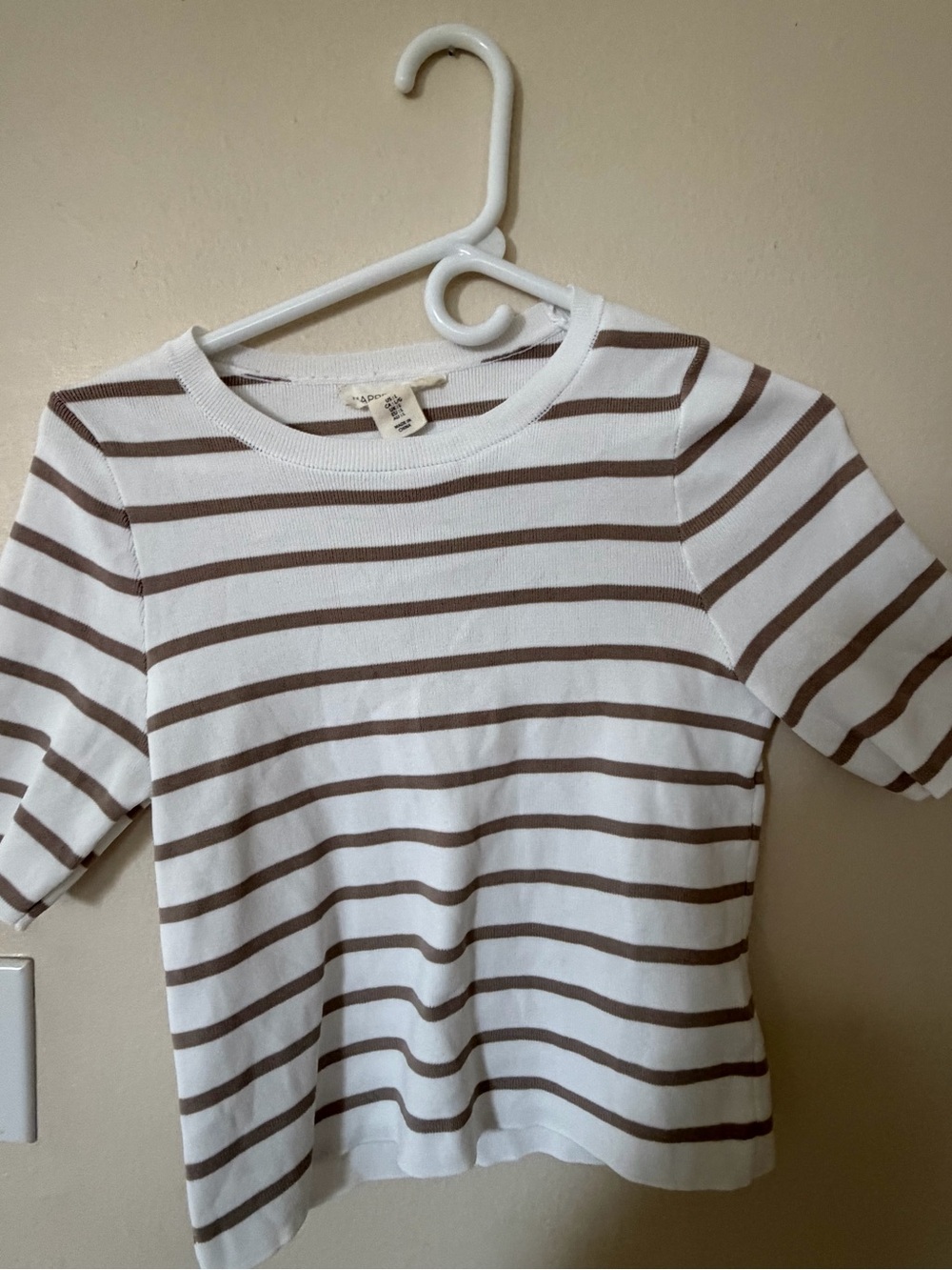 Striped Short Sleeve Knit Top - White & Brown